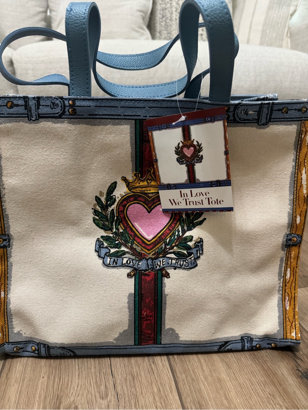 Brighton Cream Canvas Tote with Pink Heart and Light Blue Trim